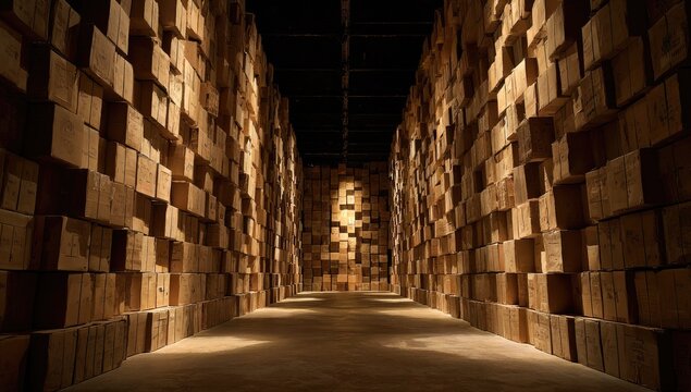 Dimly lit aisle of stacked wooden cubes, creating a textured, imposing architectural space