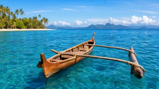 outrigger. Traditional canoe with wooden outrigger on calm blue ocean under tropical sun. mobility guides, transit brochures, designed for mobility and urban transit guides.