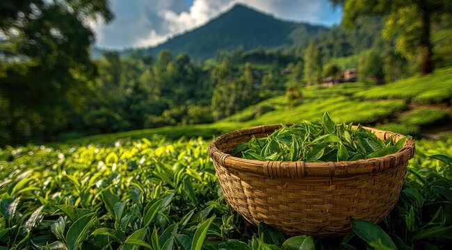 Lush green tea fields with a basket of freshly picked leaves