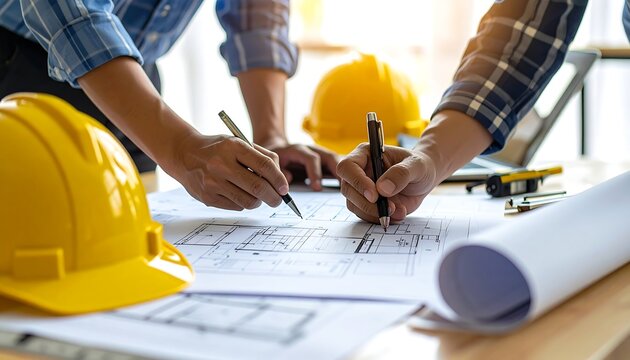 Engineers Reviewing Construction Plans with Laptop and Safety Helmet in Office