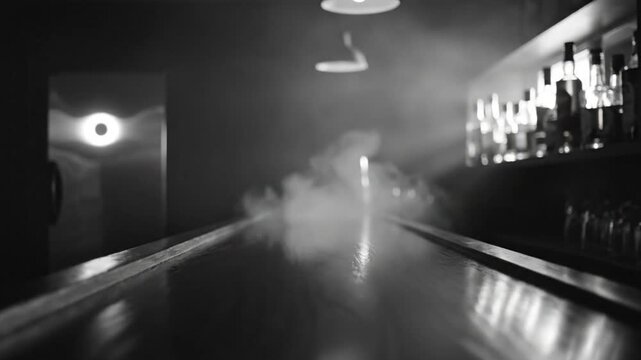 Low angle monochrome perspective view of empty bar interior with moody lighting and a wispy fog effect