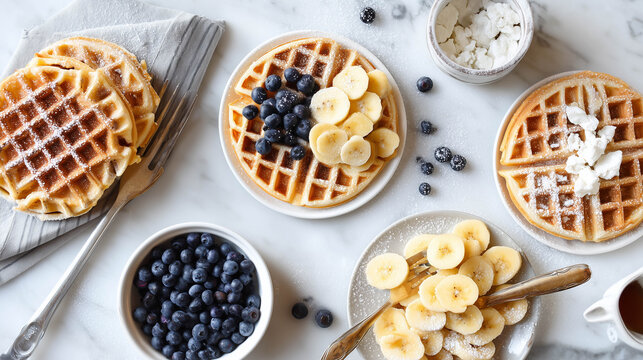 Flat Lay Homemade Waffles with Blueberries and Banana Slices