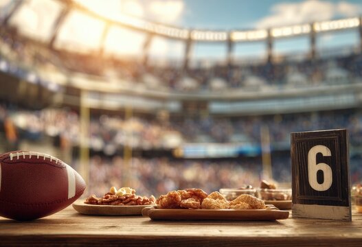 A football rests near snacks on a table with a blurred stadium crowd and scoreboard