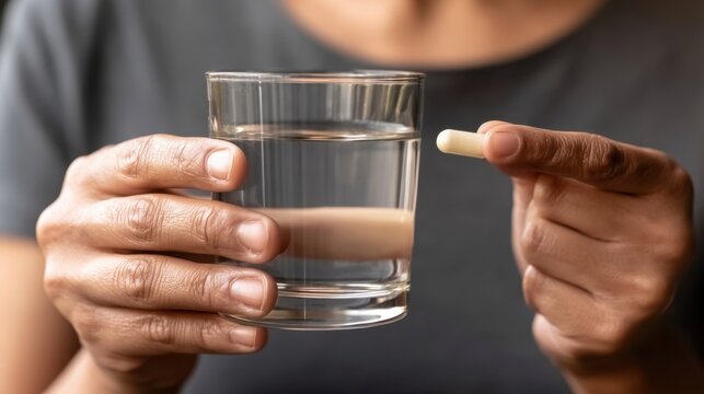 Close-up of person holding white capsule pill and glass of clear water