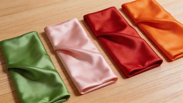Colorful fabric items on wooden surface ideal for sleek commercial backgrounds and title sequences