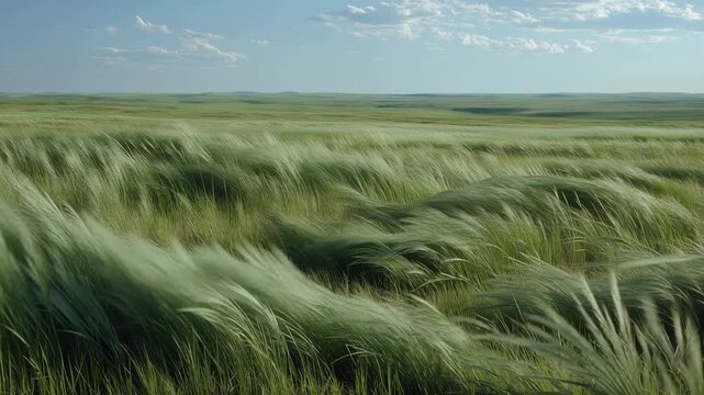Windy green grass field landscape with open plain, blue sky, clouds, rural meadow, gentle breeze, peaceful horizon, natural prairie scene