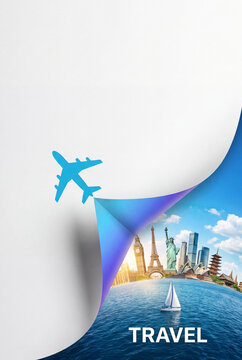 Airplane Flying Over World Landmarks Travel Concept