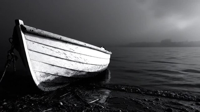 Black and White Peaceful Scene of a Boat Resting on Shoreline with Calm Water and Misty Atmosphere