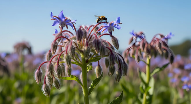 Bee pollinating purple borage starflowers in a garden.