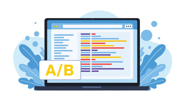 Laptop showing web development environment with code editor and ab testing sign for software programming process concept flat vector illustration isolated.