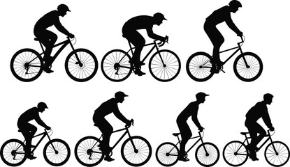 Obraz premium Cyclist Silhouette Collection with Road and Mountain Bicycle Riders in Minimal Black Vector Illustration Style