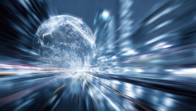 A glowing orb of light explodes amidst a futuristic, blurred cityscape