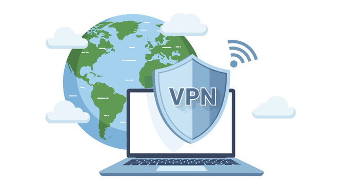 Secure vpn technology concept featuring laptop with protection shield and earth globe background representing global internet privacy and encrypted network.