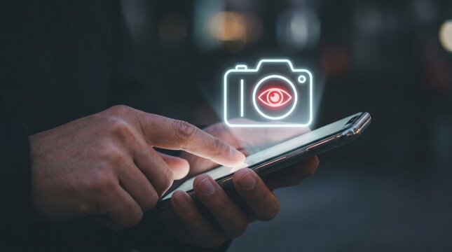 Smartphone user interacting with a digital camera icon with an eye symbol, representing surveillance or tracking technology
