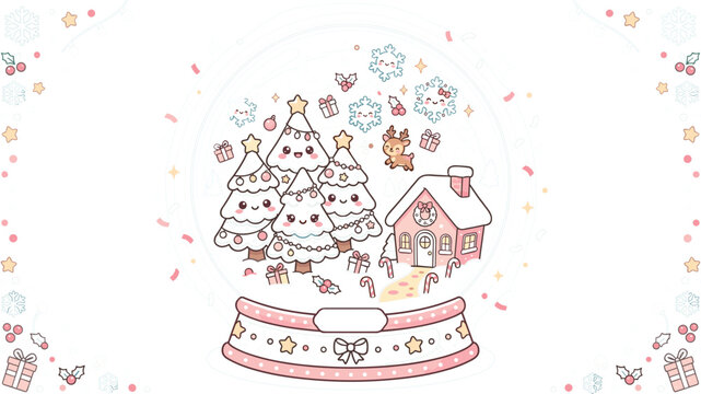 
Cute Kawaii Christmas Snow Globe with Pastel Trees, Gingerbread House, Snowflakes, and Holiday Icons for Festive Themed Vector Designs
