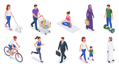 Diverse people performing daily activities and outdoor routines set | Isometric human characters walking shopping cycling and exercising | Vector icons