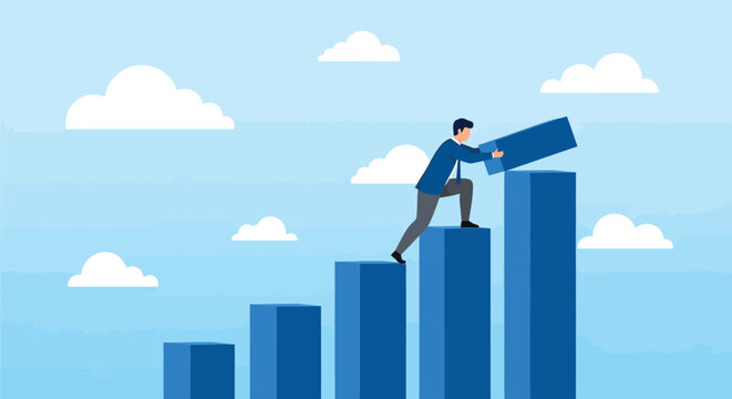 Businessman building bar chart for financial success and career growth representing corporate progress and strategy achievement in blue sky clouds background.