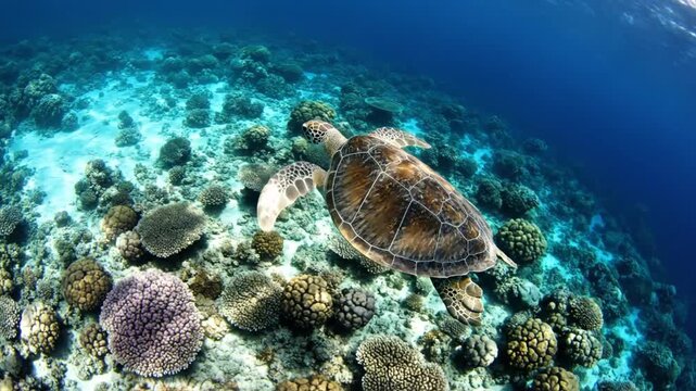Sea turtle swimming over coral reef in clear blue ocean