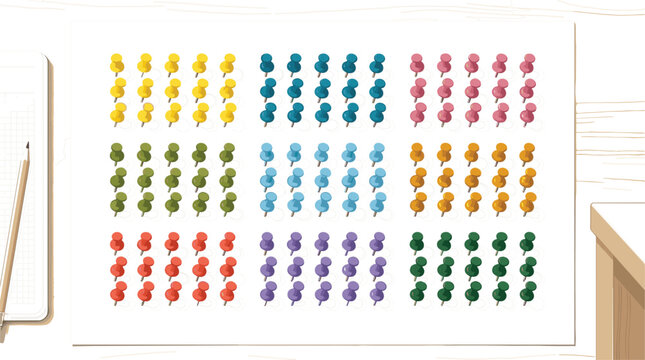 Colorful Push Pin Thumbtack Icon Collection in Multiple Colors Arranged in Grid Pattern for Bulletin Board and Office Organization Illustration Design