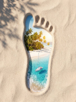 Footprint in Sand with Tropical Beach and Ocean Inside