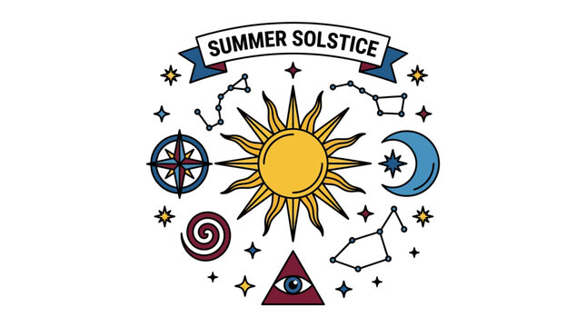 Celestial Summer Solstice Sun Moon Constellations Compass Symbols Stylized Design Elements Celebration Event Atmosphere