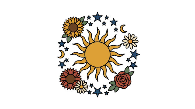 Whimsical celestial sun and floral motif with stars and crescent moons for bohemian or boho style decoration and design elements