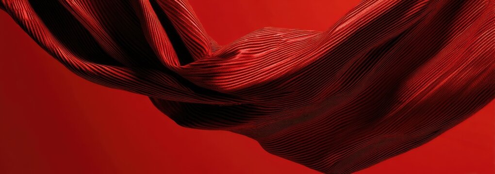 A fluid, rippling red material with fine parallel lines creating a textured surface