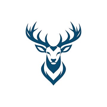A stylized dark blue deer head with large antlers on white