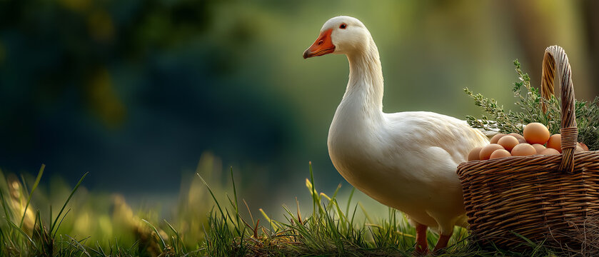 Goose with Eggs in Basket for Farm and Agriculture Themes, Ideal for Culinary and Home Decor