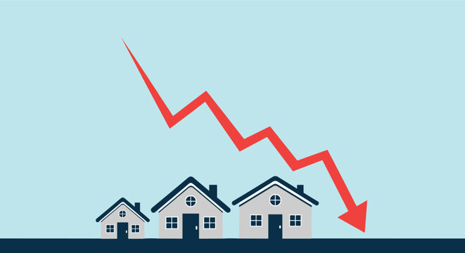 Three simple house icons with a falling red arrow on light blue background depicting real estate market decline.
