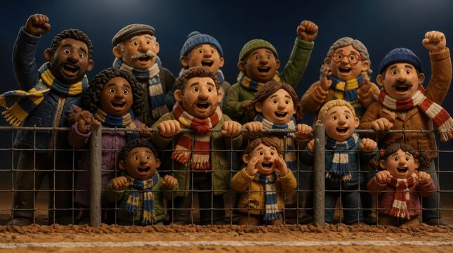 Exuberant clay modeled figures representing diverse families grip a stadium fence in this cinematic widescreen capture, showcasing a vibrant and cheering crowd of fans celebrating a joyful match day.