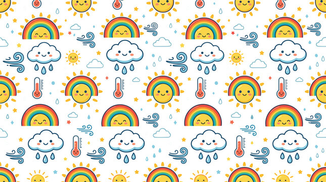 Cute Kawaii Weather Pattern with Sun, Rainbow, Cloud, Rain, Wind, and Thermometer for Children and Nursery Themed Vector Designs