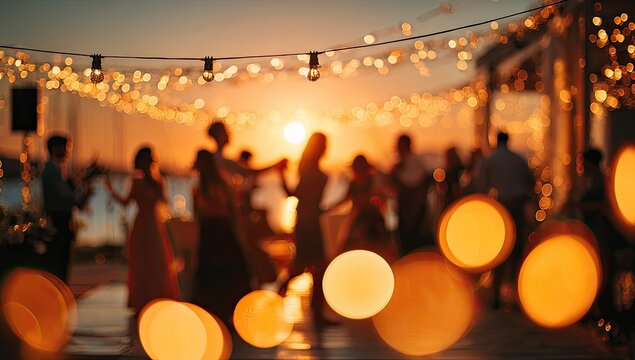 Silhouettes of people dancing under string lights at sunset.