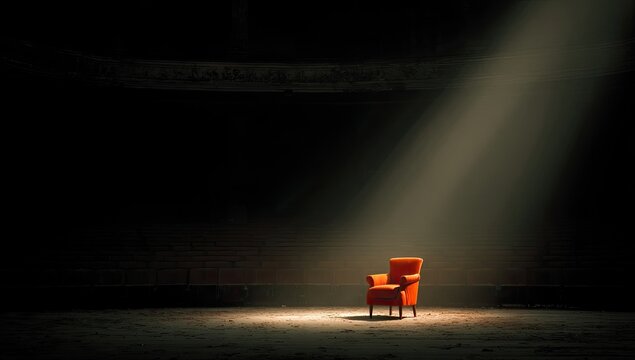 Single orange armchair spotlighted on empty theater stage