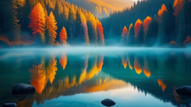 Vibrant autumn trees reflect perfectly upon the calm surface of a misty mountain lake during a peaceful golden sunrise morning
