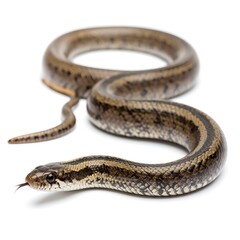 Naklejka premium A coiled snake with brown and black patterning on a white background