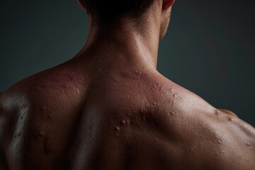 Naklejka premium Close-up on a man's back, showing numerous skin blemishes and irritation