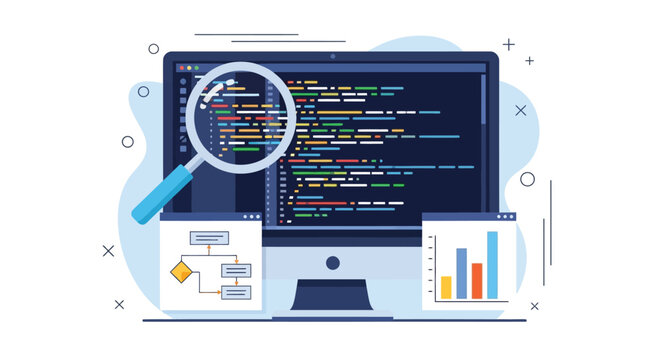 Programming software development and code debugging process illustration on computer monitor with magnifying glass flowcharts and bar charts flat graphic.