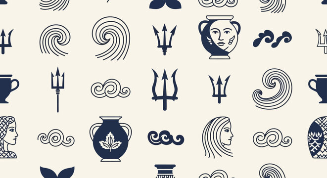 greek mythology seamless pattern with waves tridents and amphorae
