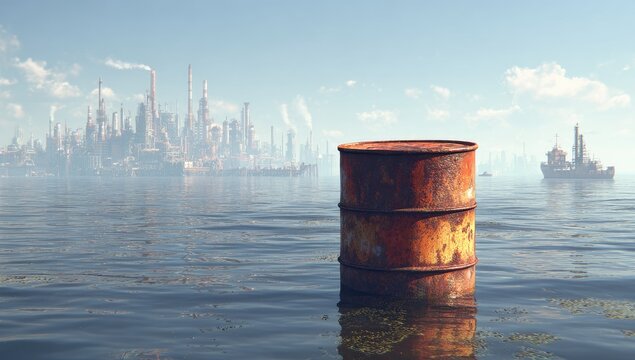 Rusty oil drum floating on water with industrial city skyline in background.