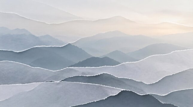Serene minimalism is achieved by layering translucent vellum in this widescreen artistic composition that features soft overlapping mountain ranges in a delicate landscape of paper cut art design.
