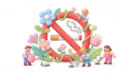 Fototapeta premium 3D Illustration of No Smoking Sign with Flowers and Gardeners