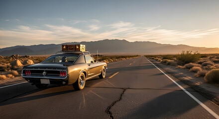 Obraz premium Classic car with luggage rack on a desert road.