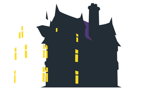 Spooky haunted Victorian manor vector icon featuring a mysterious Gothic mansion with colorful lines and intricate details, ideal for Halloween themes and mystic architectural illustrations.