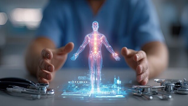 Hands cradle glowing anatomical hologram of human body with visible skeleton