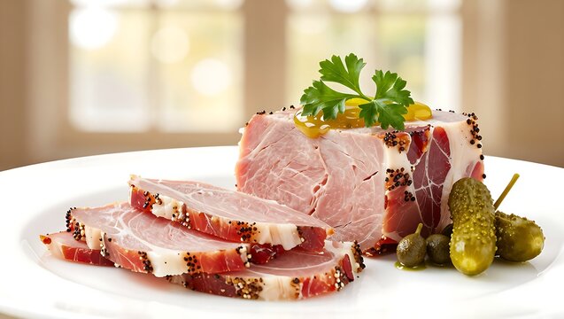 British ham hock terrine with piccalilli and pickles on a white plate