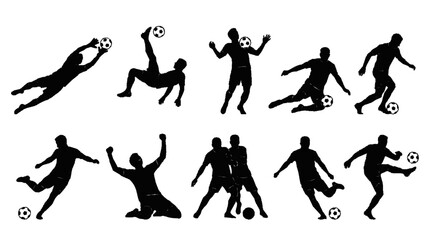 Obraz premium Silhouettes of diverse soccer players in action illustrating dynamic poses like diving kicking and jumping against a clean minimalist
