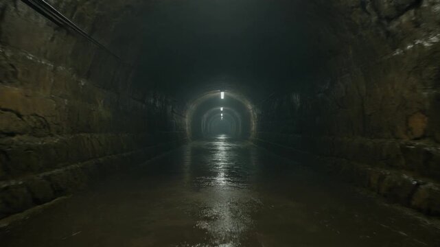 Dark abandoned underground tunnel with wet stone walls and dim overhead lighting creating a mysterious and lonely atmospheric perspective view