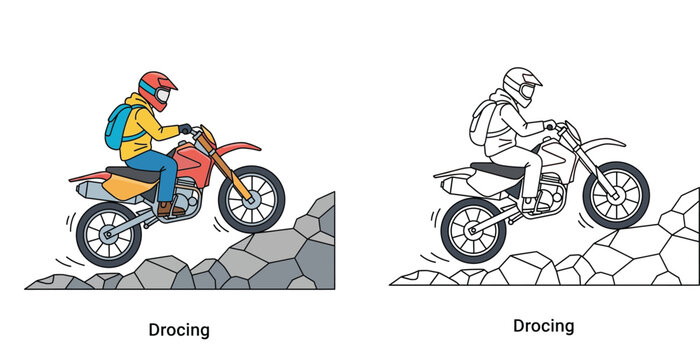 Professional dirt bike rider navigating rocky mountain terrain motocross enduro off-road adventure vector illustration and line art coloring page for kids and hobbyists activities