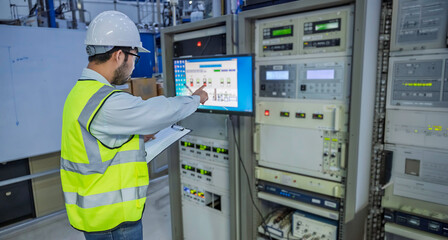 Fototapeta na wymiar Professional engineer monitoring industrial automation system on digital screen in high-tech factory control room. Concept of smart manufacturing, technical data analysis, and modern engineering.
